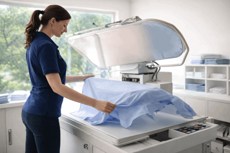 Lady from United home services ironing shirts