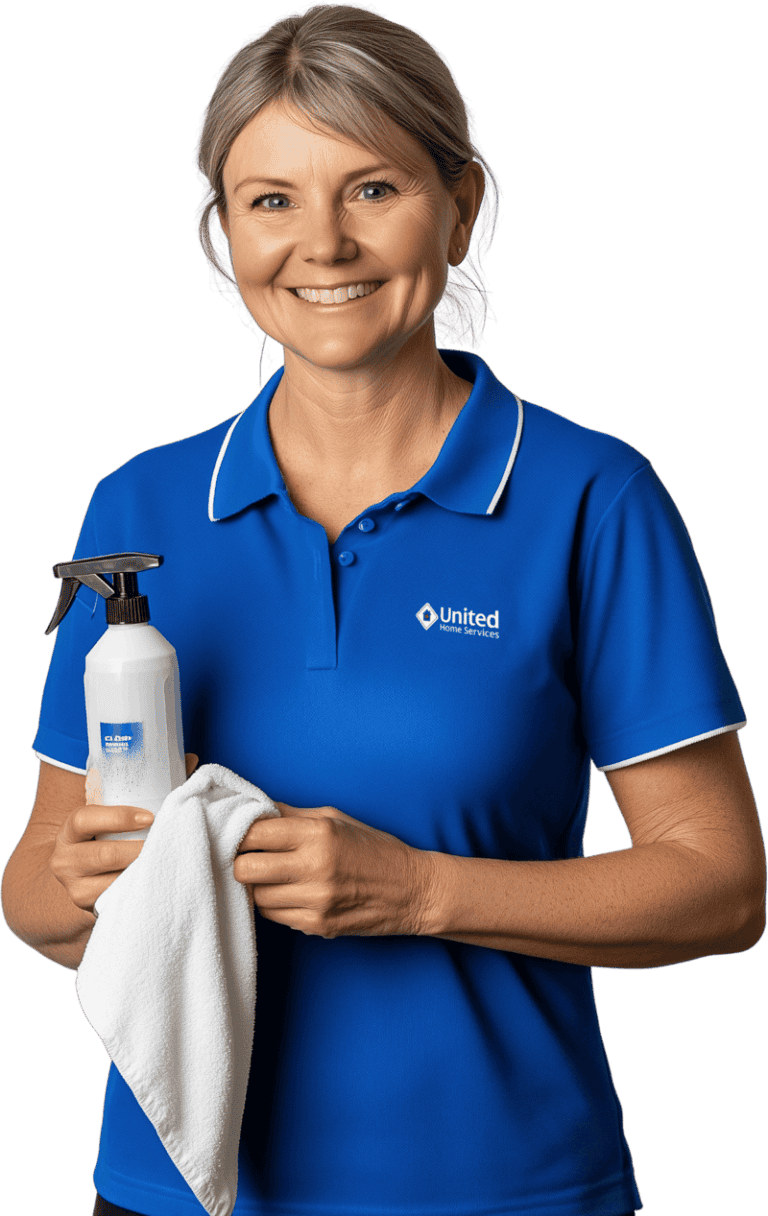 United Home Services franchisee holding a cleaning product and micro fibre cloth