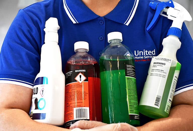 Cleaner holding selection of cleaning chemicals used for home cleaning