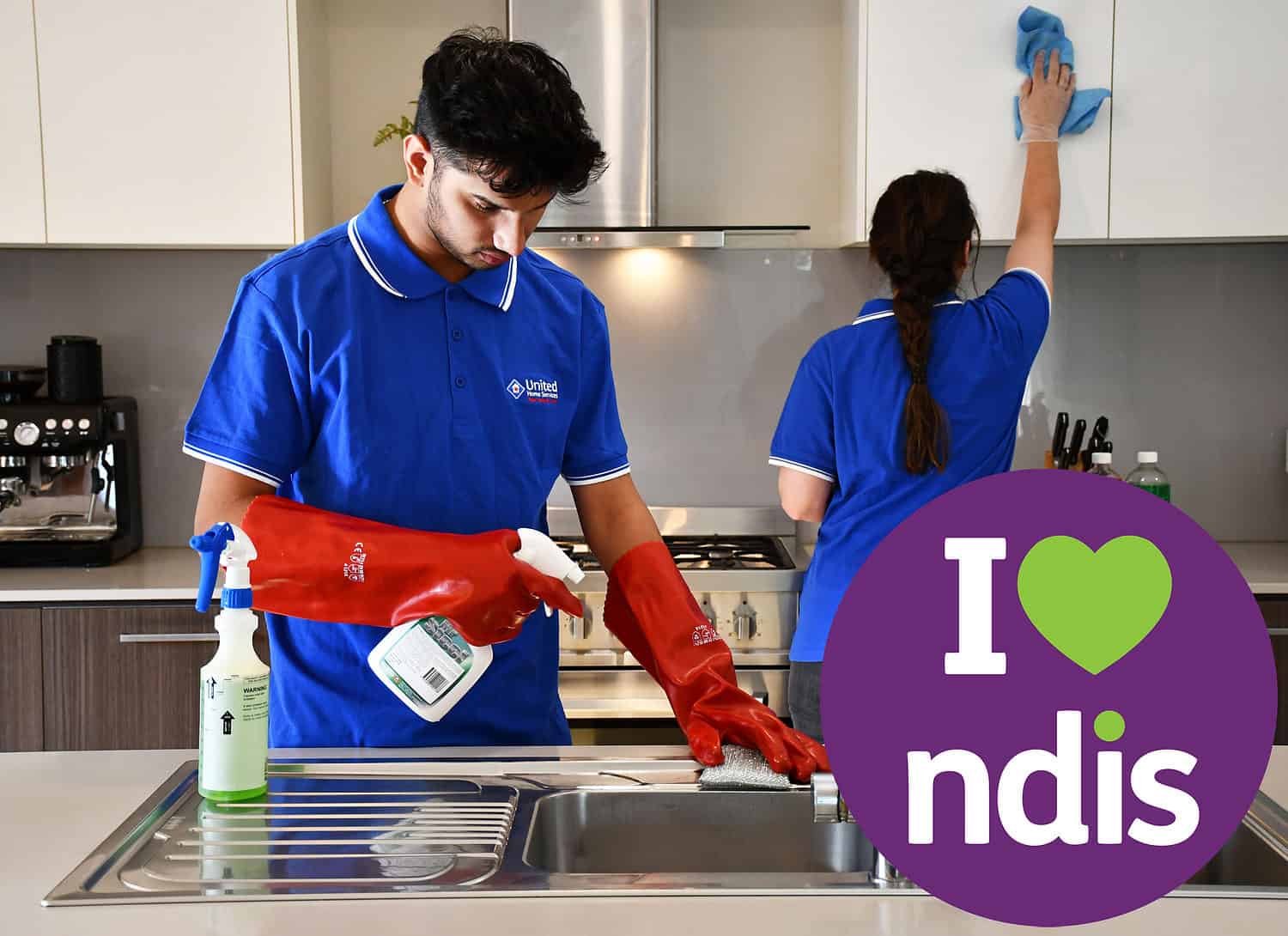 United Home Service cleaners servicing an NDIS client, providing kitchen cleaning